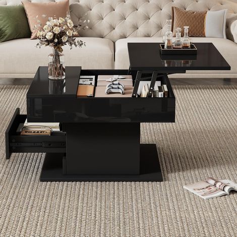 Table basse de salon avec plateau réglable en hauteur et espace de rangement caché, pivotante à 360°, avec 1 tiroir, 70 × 70 × 45 cm, noir