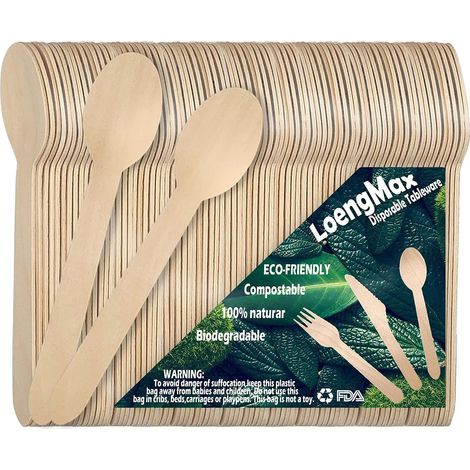 Lot de 100 cuillères jetables en bois 100 % compostables - respectueuses de l’environnement, biodégradables - 15 cm de long (1/5)