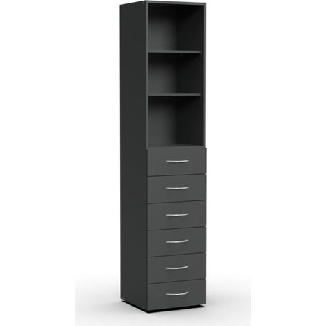 Armoire, meuble de rangement avec 2 étagères et 6 tiroirs coloris Graphite - longueur 40 x hauteur 185 x profondeur 40 cm