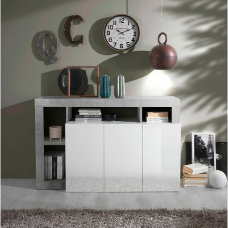 Buffet HAMBURG 3 portes – Blanc laqué brillant / Béton (1/3)