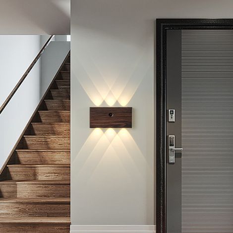 Battery Operated Wall Sconce Rechargeable Motion Sensor Indoor Wall Lights LED Magnetic Up Down Wall Lamp with Touch Switch Walnut Wood Color (1/4)