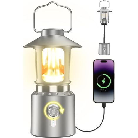Retro classique LED Camping Lanterne, rechargeable sans pas Dimming Vintage Lanterne, 3 modes de lumière (2000K-6500K), 8000mAh Power Bank, Lumière de tente suspendue lumineuse, argenté