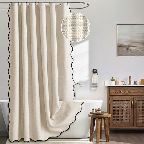 Rideau de douche beige en forme d'éventail, texture lin, lavable et imperméable, tissu épais et neutre, dimensions : 180 x 180 cm (1/5)