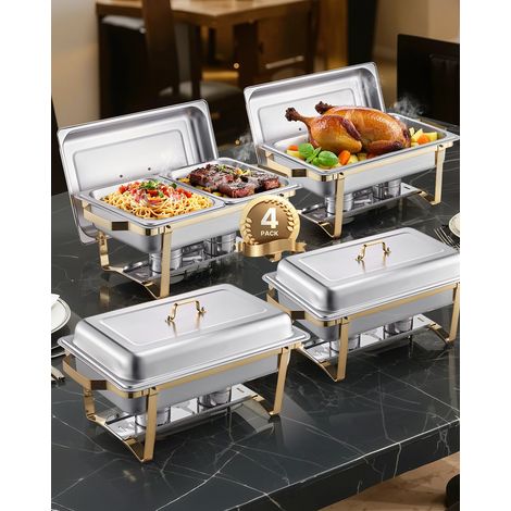Chauffe-Plat 4PCs 7,5 L, Buffet Chauffant Rectangulaire, Réchaud en Inox, avec 2 Bacs Pleine Taille, 6 Bacs Demi-taille et Couvercle, pour Buffet Libre-Service Hôtel Traiteur Restauration, Doré (1/5)