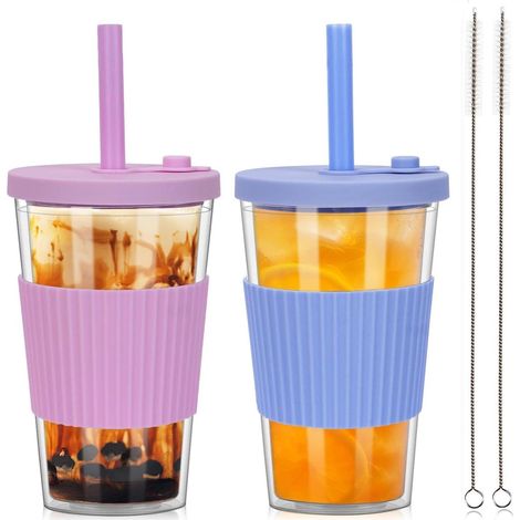 Bubble Tea Becher 500ml 2er Set doppelwandig mit Strohhalm und Deckel (1/5)
