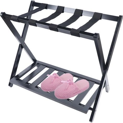 Porte-bagages pliable en bambou avec étagère et support pour chaussures, 68 x 40 x 58 cm (1/5)