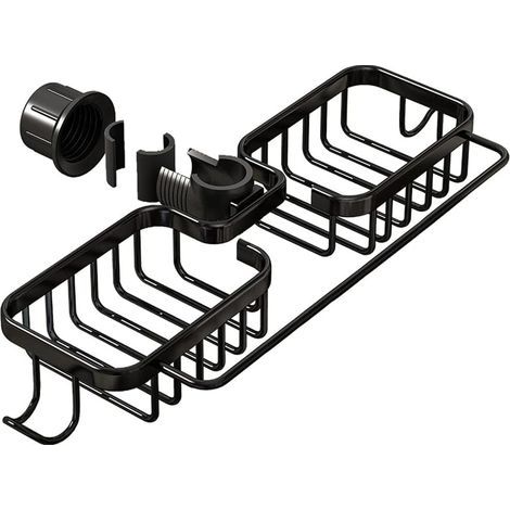 Mensola doppia nera per doccia 36 x 13 x 3,9 cm, 1 portasapone in alluminio per doccia, non richiede foratura, cestello scolapiatti da cucina (1/5)