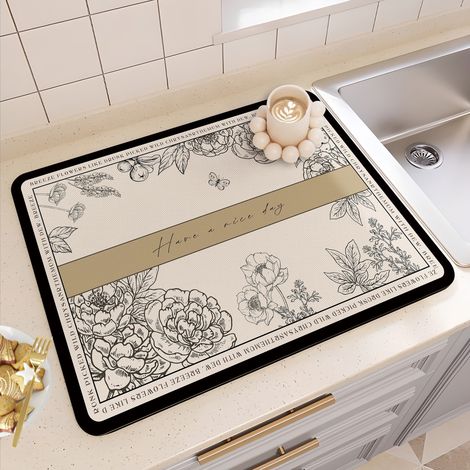 Tapis absorbant antidérapant pour cuisine – Dessous de plat isolant et tapis d’égouttement pour plan de travail (Modèle Monde végétal, carré 40 × 50 cm)-lsw