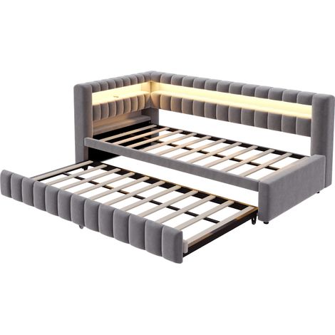 Lit rembourré 90 x 200 cm avec canapé-lit escamotable, LED, port USB et Type-C, velours gris (1/5)