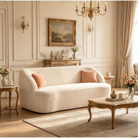 Canapé 2 places convertible en tissu bouclette beige, 142 x 85 x 73,5 cm, dossier arrondi et assise rembourrée, sans montage, charge 220 kg, pour salon – CHICFURN (1/5)