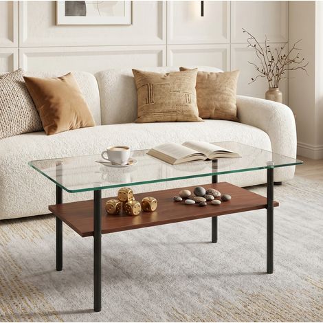 Mesa de centro rectangular de dos niveles con cristal templado, estante de MDF, estructura de metal negro y madera. (1/5)