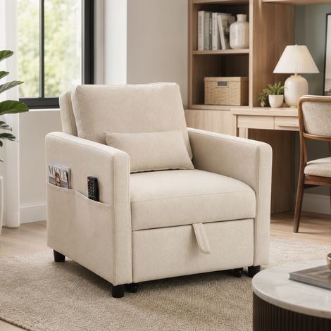 Fauteuil‑lit 3‑en‑1 tissu aspect lin, dossier réglable multifonction, blanc crème (1/5)