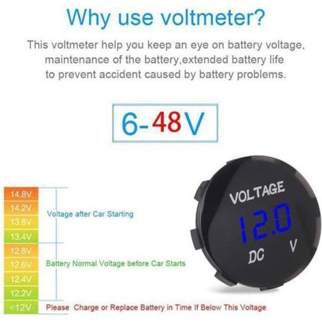 Voltmètre Moto, Voiture Moto Led Affichage Numérique Voltmètre Dc Voltmètre 12V-24V pour Bateau Moto Camion Marine (Bleu) (1/4)