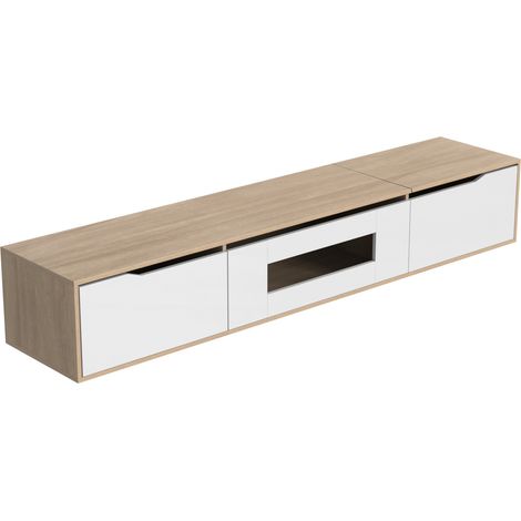 Meuble TV moderne blanc laqué et bois avec éclairage LED multicolore 180x35x30 cm (1/5)