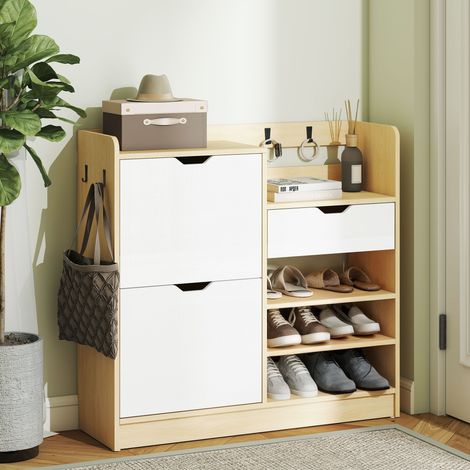 Scarpiera per ingresso con cassetto, ripiani a giorno, 4 ganci per 14 paia di scarpe, colore naturale e bianco.