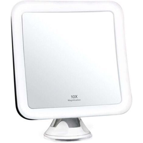Miroir de maquillage grossissant x10 avec lumière - Sans fil, avec ventouse de verrouillage, 16,5 cm de large, rotation à 360°, miroir de salle de bain portable avec lumière (carré)