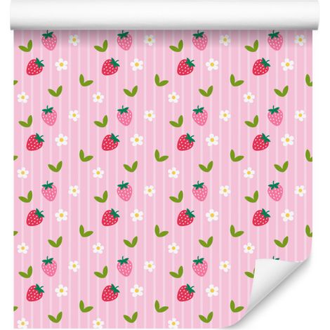 Carta da parati Fragole e Margherite Rosa Cipria e Corallo 50x1000 cm (1/4)