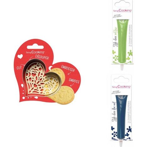 Kit pour biscuit en relief Coeur + 2 Stylos au chocolat vert clair et bleu nuit (1/3)