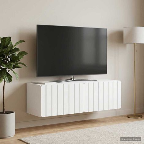 Meuble TV mural blanc en bois d'ingénierie, 2 portes, 98 x 31 x 30 cm - PANGIVO (1/5)