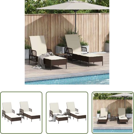 Sonnenliege mit Kissen -  Sonnenliege mit Kissen 3 pcs Braun und Creme Weiß Poly-Rattan (1/5)