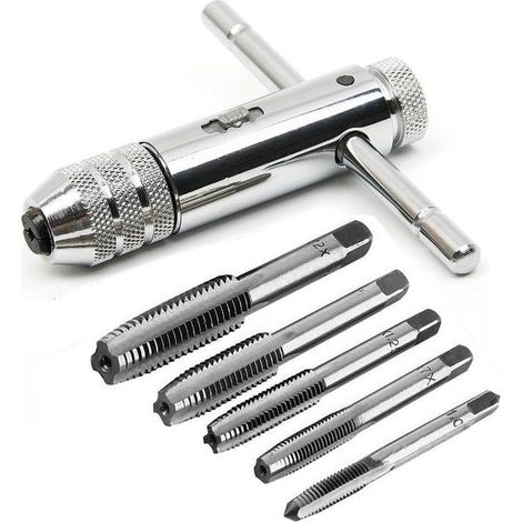 Clé à cliquet de type T à rotation gauche, clé à robinet réglable de type T, support de robinet à cliquet en acier rapide, clé à poignée en T avec 5 tailles de robinet manuel M3-M8 3 mm-8 mm (1/5)
