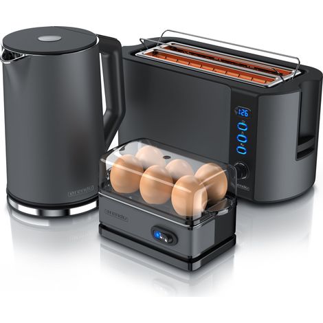 Arendo 3-teiliges Frühstücksset - Wasserkocher 1,5l, 4-Scheiben Toaster, 6er Eierkocher, Grau (1/5)