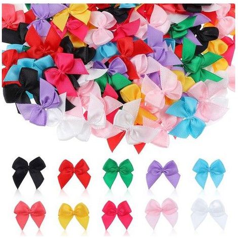 Mini nœuds multicolores - Lot de 100 pièces - Ruban de satin - 10 couleurs vives - Polyester résistant - Surface lisse (1/5)