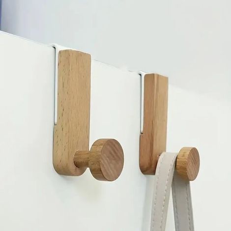 Paquete de 2 ganchos de madera para puertas - Estante de almacenamiento para baño/cocina/entrada sin agujeros