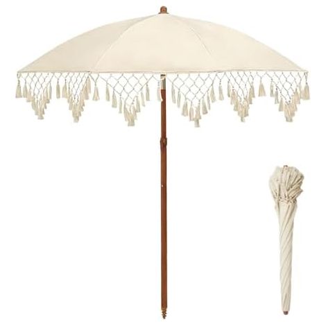 5-Fuß-Boho-Strandschirm mit Fransen – Sonnenschirm mit Lichtschutzfaktor 50+ für die Terrasse, Gartenschirm mit Baumwollquaste, neigungsverstellbarer Außenschirm für Pool, Garten, Terrasse (1/5)