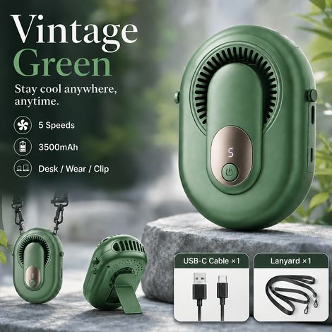 Ventilateur portable à pince ceinture 3500 mAh rechargeable 5 vitesses USB-C, sans pales, pour le cou, le bureau, les voyages et les activités de plein air. (1/5)