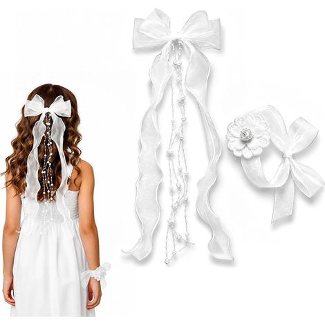 Pince Cheveux Noeud Mariée Blanc, Voile Tulle Long Ruban, Ensemble 2 Pièces avec Accessoire de Poignet Assorti pour EVJF, Mariage & Cérémonie Élégante (1/5)
