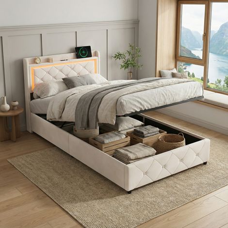 Letto contenitore 90x200, letto singoli con illuminazione LED RGB e porte USB/Type-C, letto per bambini con rete, testiera con vano contenitore integrato, velluto, stile moderno(90x200cm, Beige)