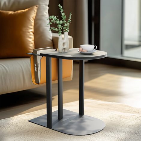 UNHO Saddle Leather Covered Side Table Magazine Storage Holder Snack Couch Bedside Table (1/5)