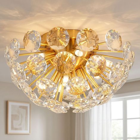 Deckenleuchte Kristalle klar Kristallleuchte Deckenlampe goldfarben Metall D39cm (1/5)