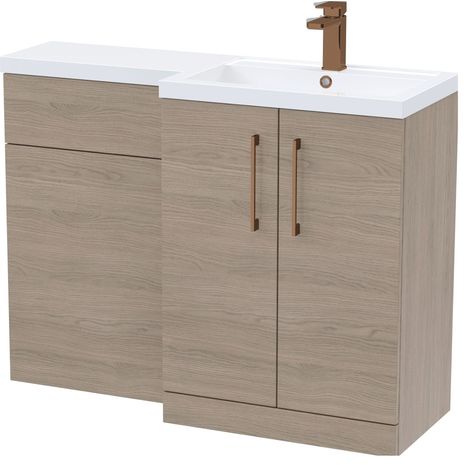 Balterley Right-Hand Bathroom Vanity and WC Unit Combination with Basin - 1100mm - Woodgrain Mid Oak with Brushed Bronze Handles (1/5)