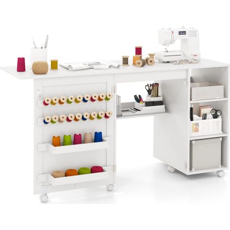 Table de couture pliante blanche avec grand plateau, 18 porte-fils, étagères et 6 roulettes avec freins pour atelier et bureau (1/5)