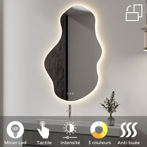 Miroir Mural LED Lumineux 80 x 120 cm réversible (2100 LMS) Tactile : antibuée + intensité et Couleur réglables - collection Salle de Bain ONDA