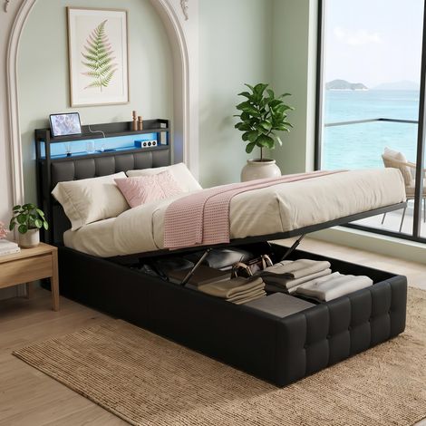 Lit coffre 90x200 cm avec LED Noir - Lit simple avec rangement, prises et USB, sommier lattes - Lit ado avec tête de lit capitonné, design (1/5)