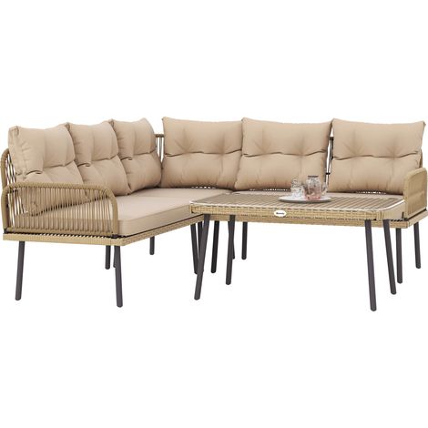 Salotto da Giardino in Rattan 2 Divanetti e Poltrona Angolare con Cuscini, Tavolino in Vetro, Colore Legno