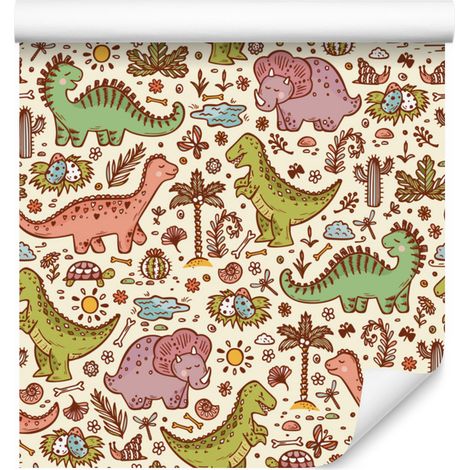 Papel pintado de dinosaurios, flores, cactus y árboles para salón y dormitorio, 50x1000 cm. (1/5)
