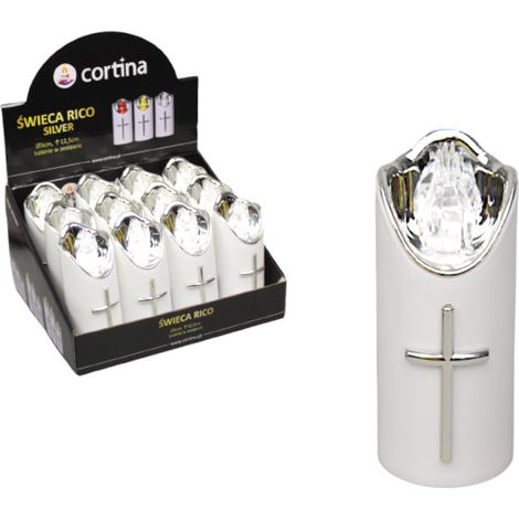 Vela LED RICO 15 x 5cm blanca y plata con llama transparente 2/23/LUX.DIS