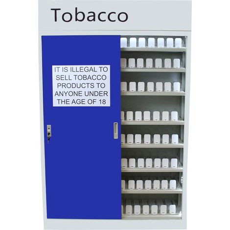 Armario para Cigarillos y Cigarros Blanco Puertas Azules Deslizantes Bloqueables con 2 llaves GRATIS y Estantes Ajustables 158x102x40cm Expositor Escaparate Vitrina Tabaquero Estanquero Cigarrero (1/5)