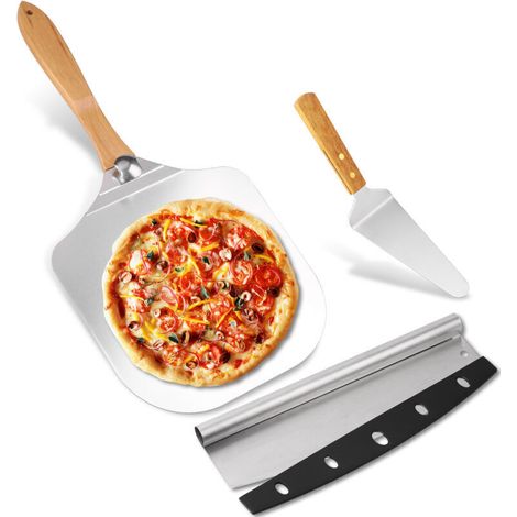 12x14 Zoll Metall-Pizzaset mit Holzgriff und Schneideschaufel, Pizzaschieber, für Familien-Pizzaofen, Backen, Teig, Brot und Gebäck (1/5)