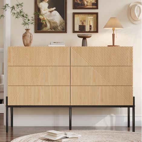 Aparador de MDF color natural con 6 cajones, frente 3D geométrico y patas de metal negro, 115,5 x 38 x 75 cm (1/5)