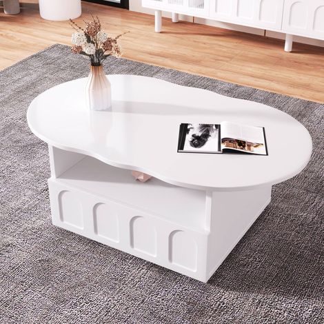 Table basse forme nuage 100 x 60 x 40.5 cm, table de salon avec tiroir push-to-open et niche, panneaux de particules, blanc (1/5)