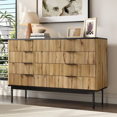 Moderne Kommode mit 6 Schubladen - 120 cm breites Stauraummöbel mit vertikaler Relief-Front und nordischem Design für Wohnzimmer, Schlafzimmer und Flur - Natur/Schwarz