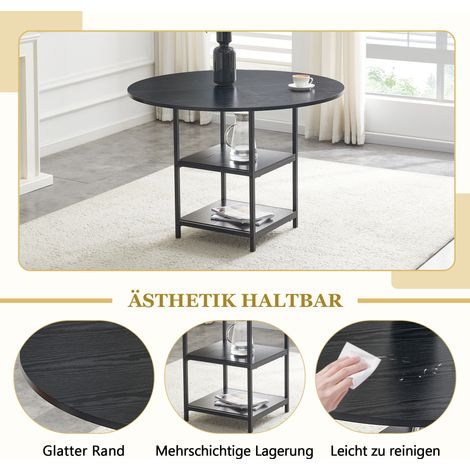 Ensemble table et chaises : table à manger ronde 107 cm avec double niveau de rangement + 4 chaises grises à dossier fleuri en tissu texturé – set style industriel pour petits espaces. (1/5)