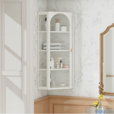 Armario mural esquinero 56x40x105 cm de metal y vidrio templado blanco, 4 niveles - MEUBLIV (1/5)