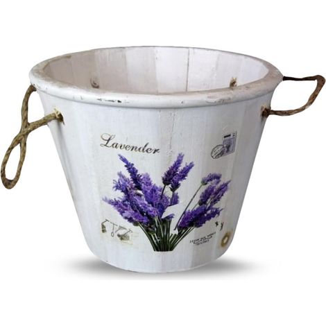 Vaso da fiori medio in legno bianco con motivo a lavanda, 14x18 cm