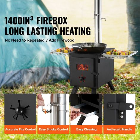 Poêle à bois camping tente acier allié, 218,4 cm, portable avec tubage et gants, foyer 22941,9 cm³ pour cuisson chauffage extérieur, 8 conduits (1/5)